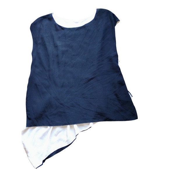 Eileen Fisher Silk Asymmetrical Hem Sleeveless Blouse Top Black White - Picture 3 of 7